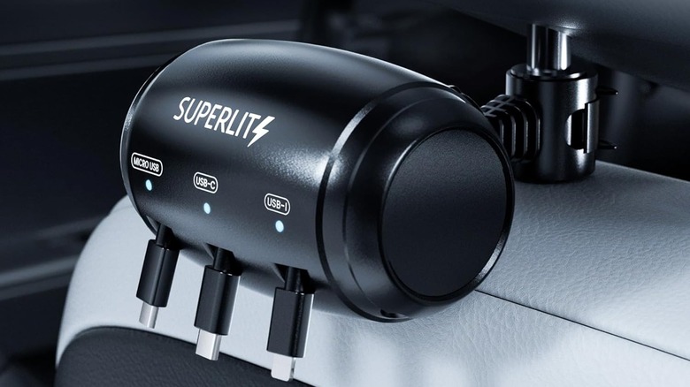 Superlit 55x-01 3-in-1 retractable backseat car charger installed in a car.