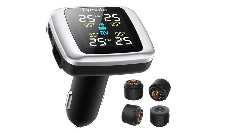 The Tymate TM7 tire pressure monitoring system with its four sensors, on a white background.