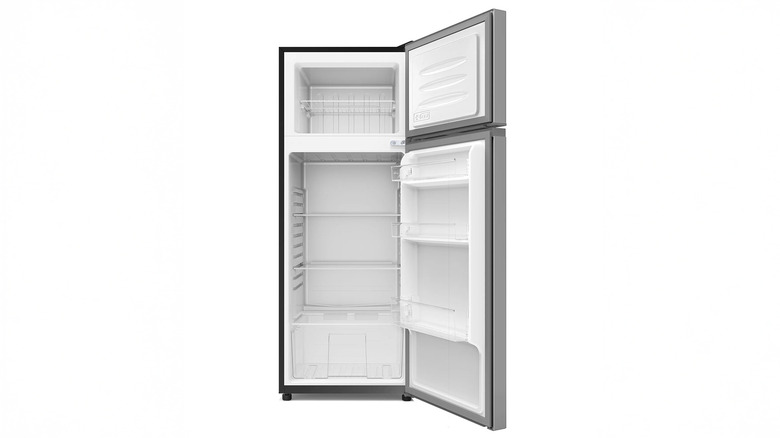 Open Garage Ready Refrigerator with all open racks on a white background
