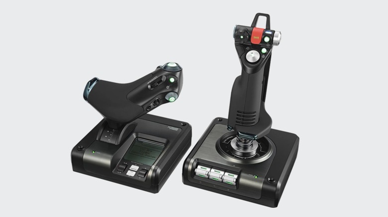 The Logitech X52 flight simulation controller on a gray background.