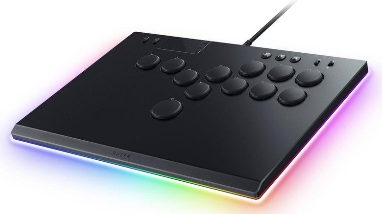 The Razer Kitsune arcade controller with its LED lights activated, on a white background.