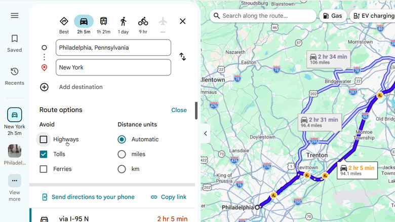 Google Maps interface, showing a route from Philadelphia to New York that avoids tolls.
