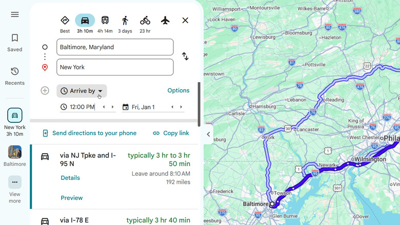 A screenshot of the Google Maps interface, showing an "Arrive by" time.