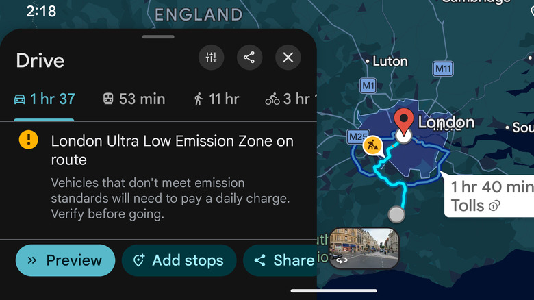 The Google Maps interface, showing a warning about a London Ultra Low Emission Zone.