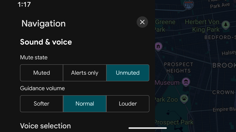 A screenshot of the Google Maps app interface, showing the voice settings.