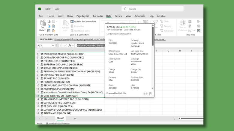 Data Type card for Coca Cola in Microsoft Excel