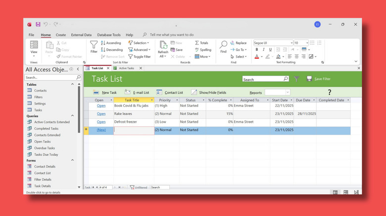 Screenshot of Microsoft Access list