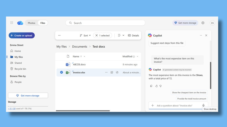 Screenshot of Copilot conversation in OneDrive