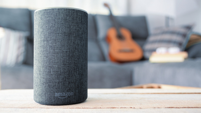A gray, cylindrical Amazon Echo smart speaker on a table with a blurred living room background.