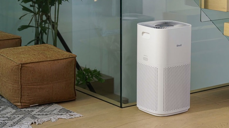 The Levoit PlasmaPro 600S-P air purifier on a wood floor near a glass wall.