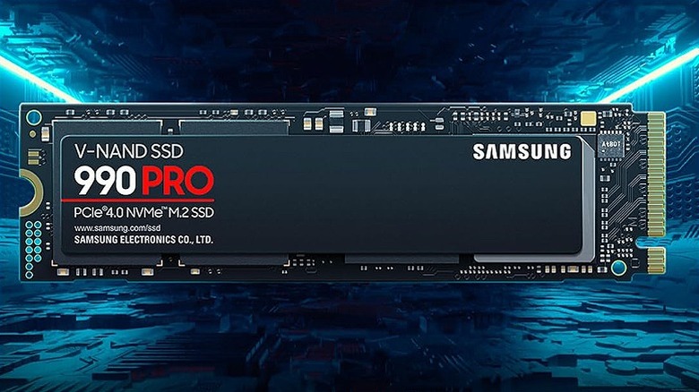 Samsung 990 Pro SSD against a digital blue background.