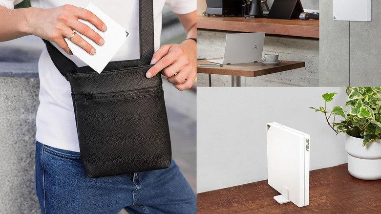 A person puts a travel router into a messenger bag, a cutout shows the router standing vertically next to a houseplant.