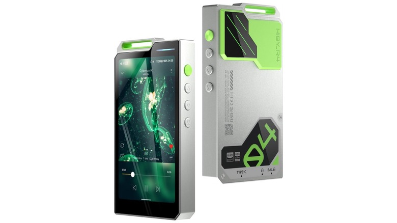 The HiBy R4 digital audio player with its box isolated on a white background.