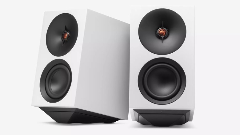 A product render of the Cambridge Audio L/R S bookshelf stereo speakers in white.