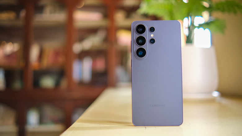 The back of the Samsung Galaxy S26 Ultra against an out-of-focus background