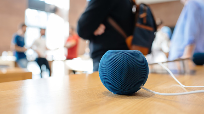 A blue HomePod Mini on display with people in the background
