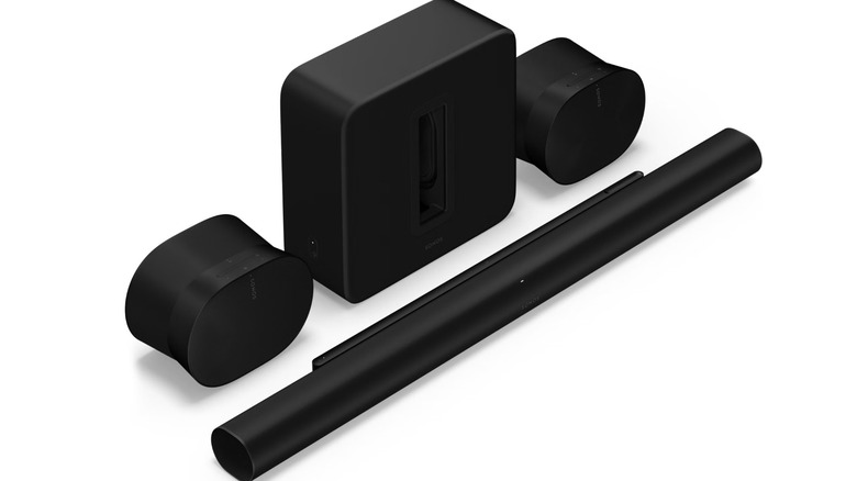 A product render of the Sonos Ultimate Immersive Set, consisting of the Sonos Sub 4, the Era 300 speakers, and the Arc Ultra soundbar