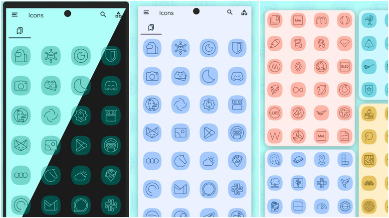 Three pictures showing the custom designs of the Arcticons Material You icon pack
