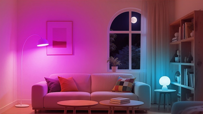 Multi-colored lights installed in a sitting room.