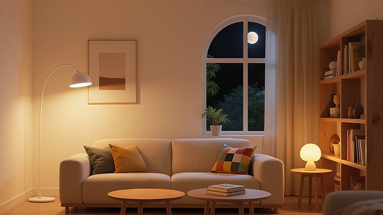 Warm and orange lights in a sitting area.