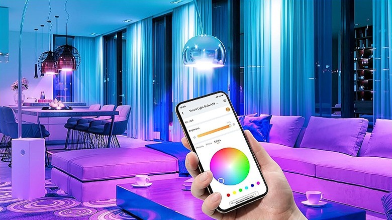 Controlling purple, pink, and blue lights via smartphone app.