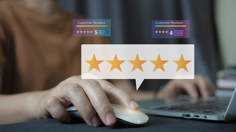 Holographic image of five stars and customer review boxes.