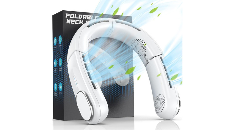 The ChillGo foldable neck fan with its box