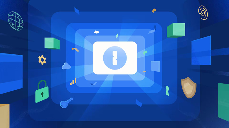 1Password logo surrounded by flying blue colors and symbols