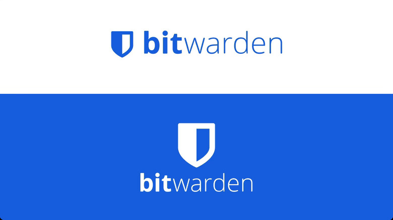 Bitwarden brand logo on top and bottom, with white and blue
