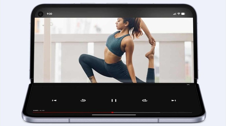 The Google Pixel 10 Pro Fold on its side, showing a yoga video.