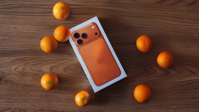 The iPhone 17 Pro Max in a box surrounded by oranges.