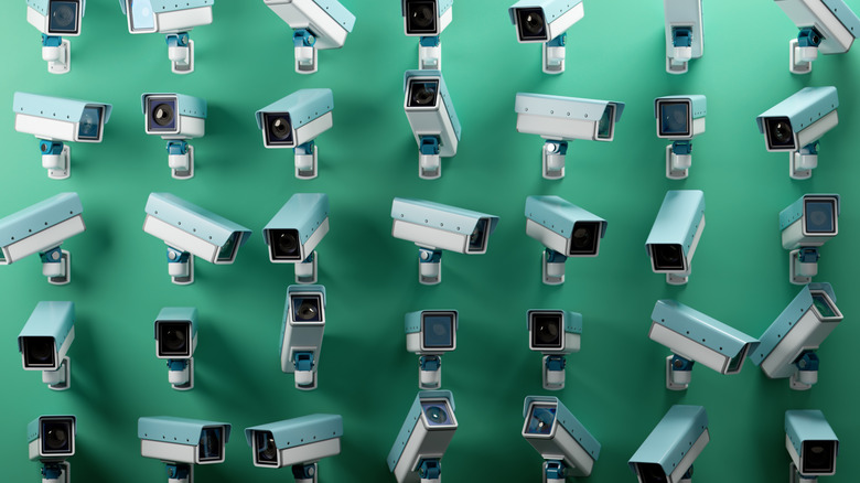 A green wall with an array of security cameras.