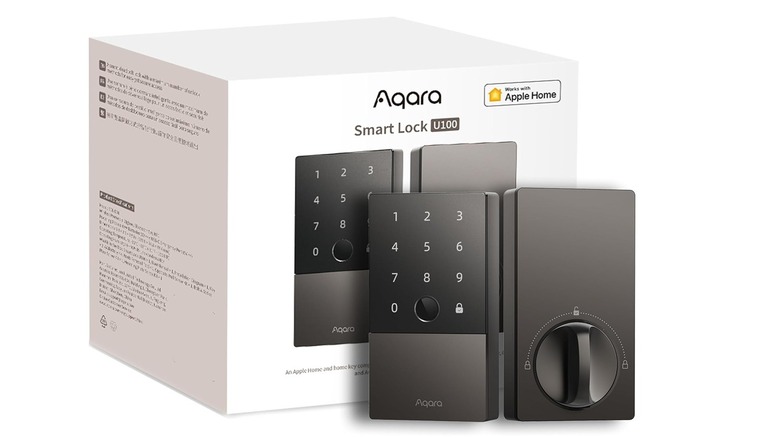 The Aqara U100 smart lock with its box on a white background.
