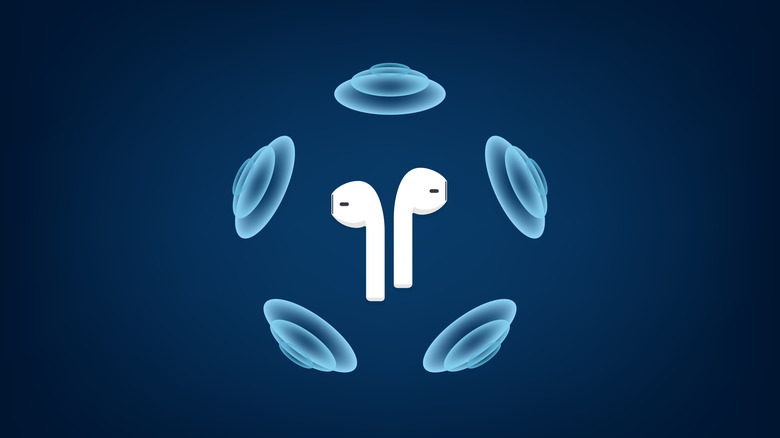 A graphic representing blue virtual speakers around a pair of AirPods.