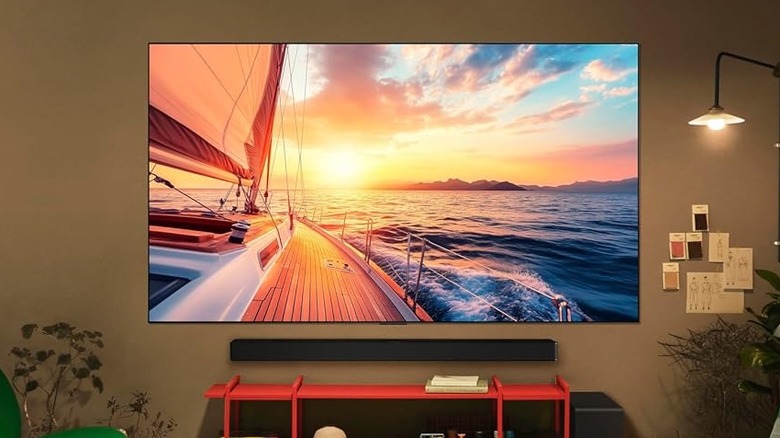 LG 4K C5 OLED screen in the living with a boat and the ocean on screen