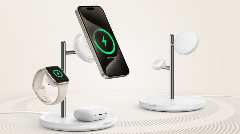 Two views of the Anker MagGo Wireless Charging Station (3-in-1 Stand), with one charging an Apple Watch, AirPods, and iPhone.