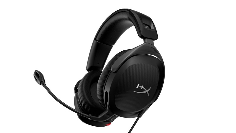 A black HyperX Cloud Stinger 2 gaming headset with its microphone extended on a plain white background.