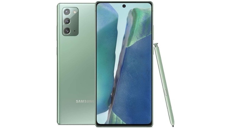 A product render of the Samsung Galaxy Note 20 in Mystic Green