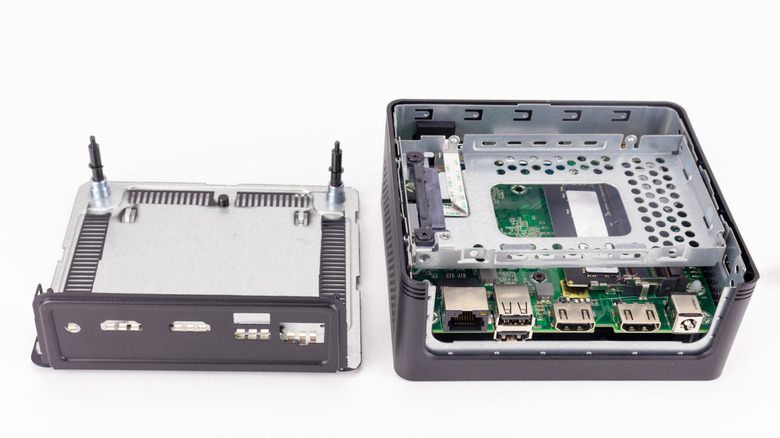 An open mini PC, showing its internal components.