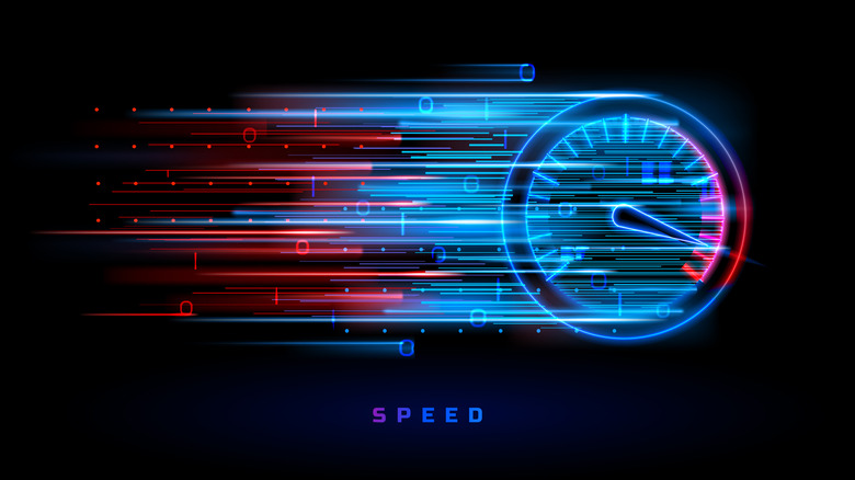 Stylized digital graphic of a speedometer with glowing blue and red motion streaks, representing high-speed data or performance.