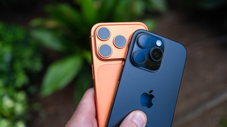 Two modern iPhones with multi-lens camera arrays.