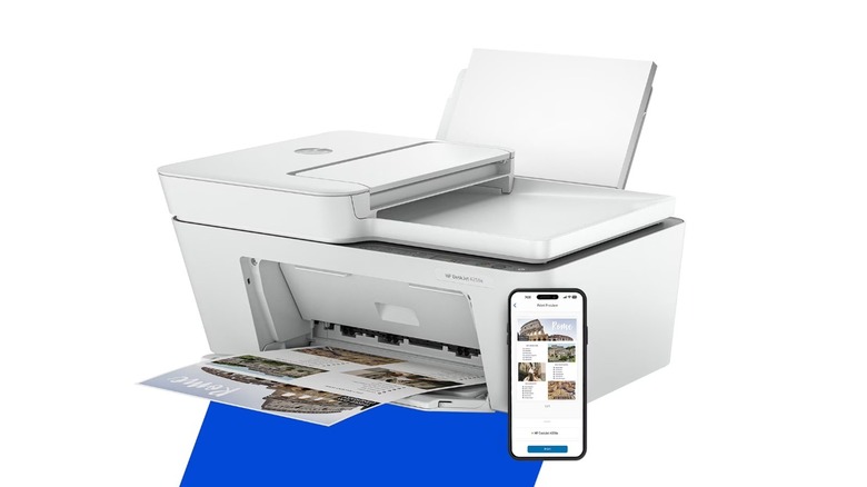 The HP DeskJet 4258e wireless all-in-one printer with a smartphone, on a white background.