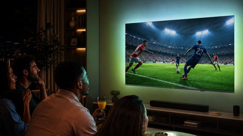People watching a soccer match on the Philips 55-inch 7875 Series Ambilight 4K TV.