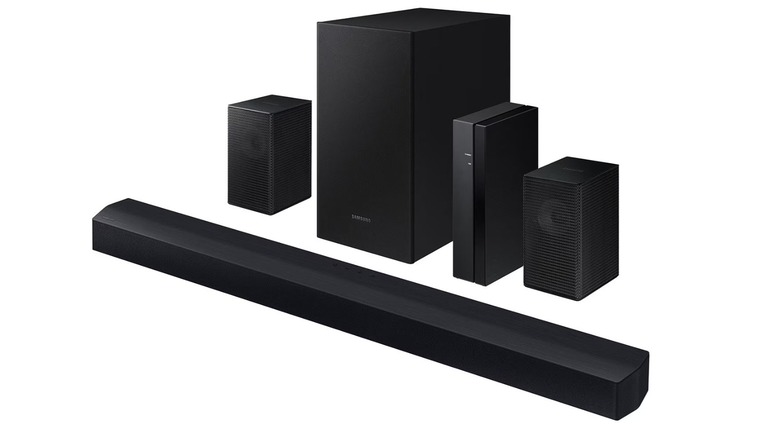 The components of the Samsung HW-C47M 4.1-channel soundbar, on a white background.