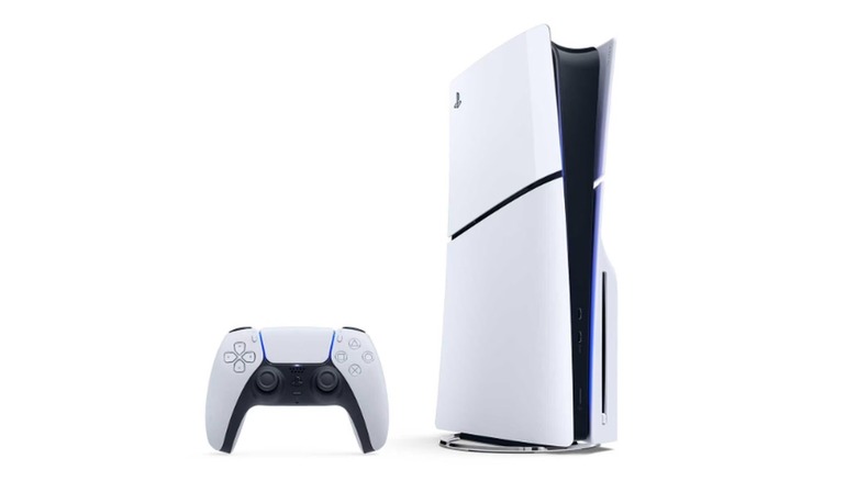 The Sony PlayStation 5 Slim Disc Edition console with a DualSense controller, on a white background.