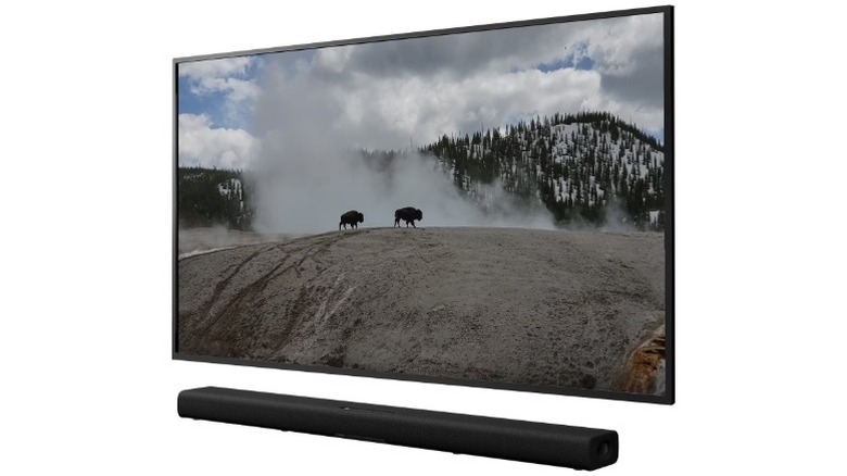 A product render of the Yamaha True X Bar 40A soundbar under a TV.