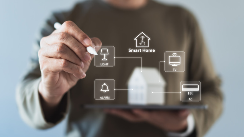 A visual depiction of a person controlling all the tech in their smart home