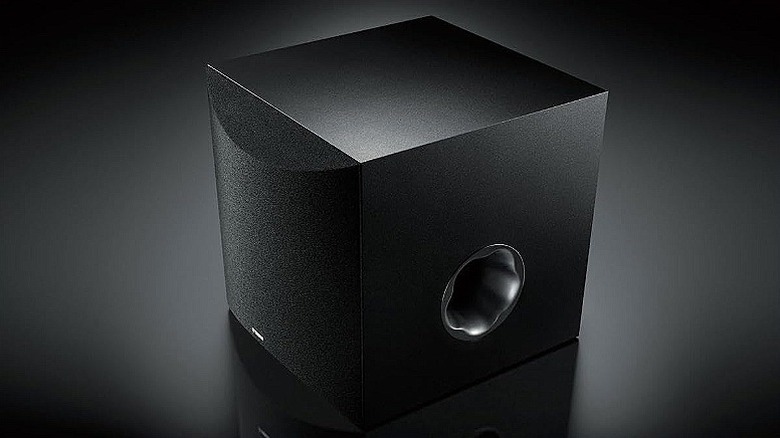 Yamaha Audio subwoofer placed on a black surface.
