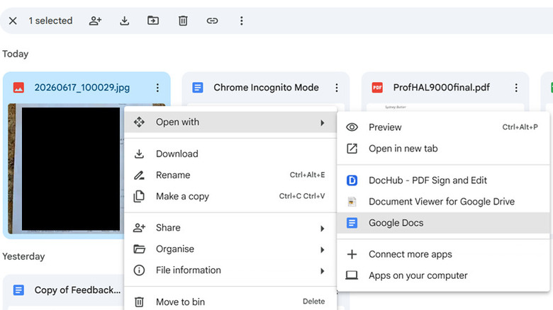 A screenshot of Google Drive's web interface showing the context menu for a selected file. The Open with submenu is expanded.