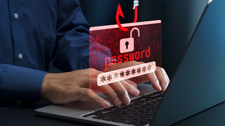A person using a laptop, with a graphic that symbolizes phishing to steal a password.